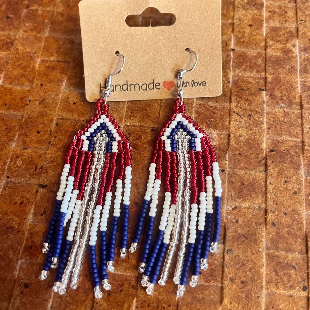 4th of July Handmade Red, White & Blue Beaded Fringe Earrings